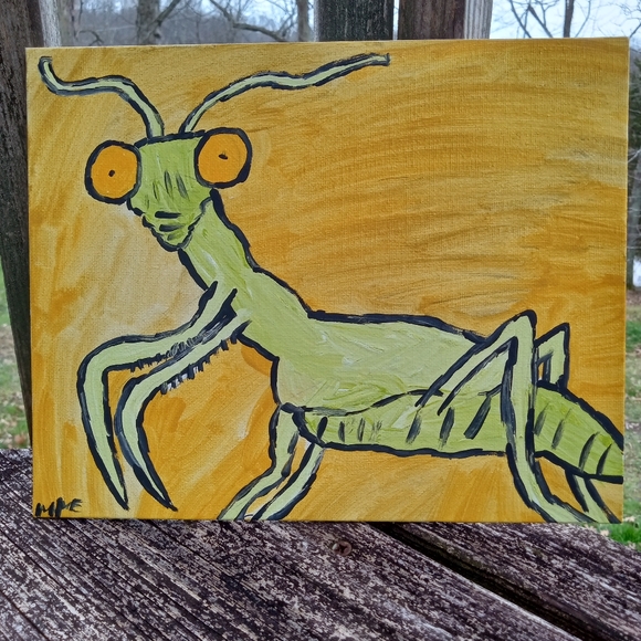Original Folk Art Painting Praying Mantis - Picture 3 of 5